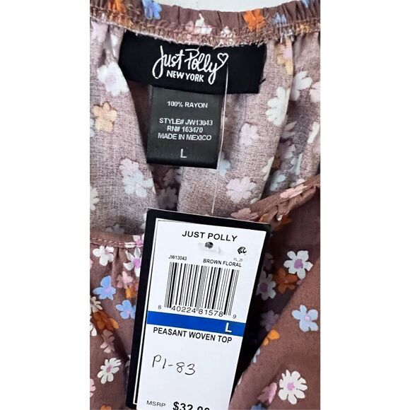 Just Polly Juniors Tie Back Cropped Peasant Top Brown Ditsy Size Large NWT P1-83 - Picture 4 of 8